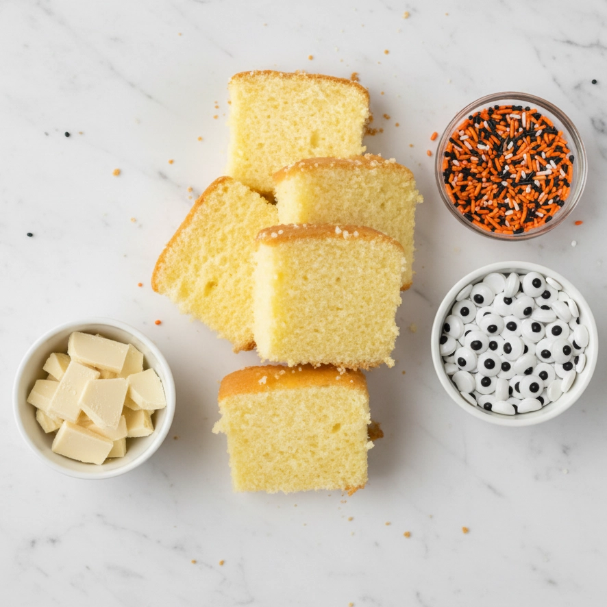 Flat lay of ingredients for Halloween cake truffles including prebaked cake slices, a bowl of melted almond bark, Halloween sprinkles, and candy eyeballs on a white marble background