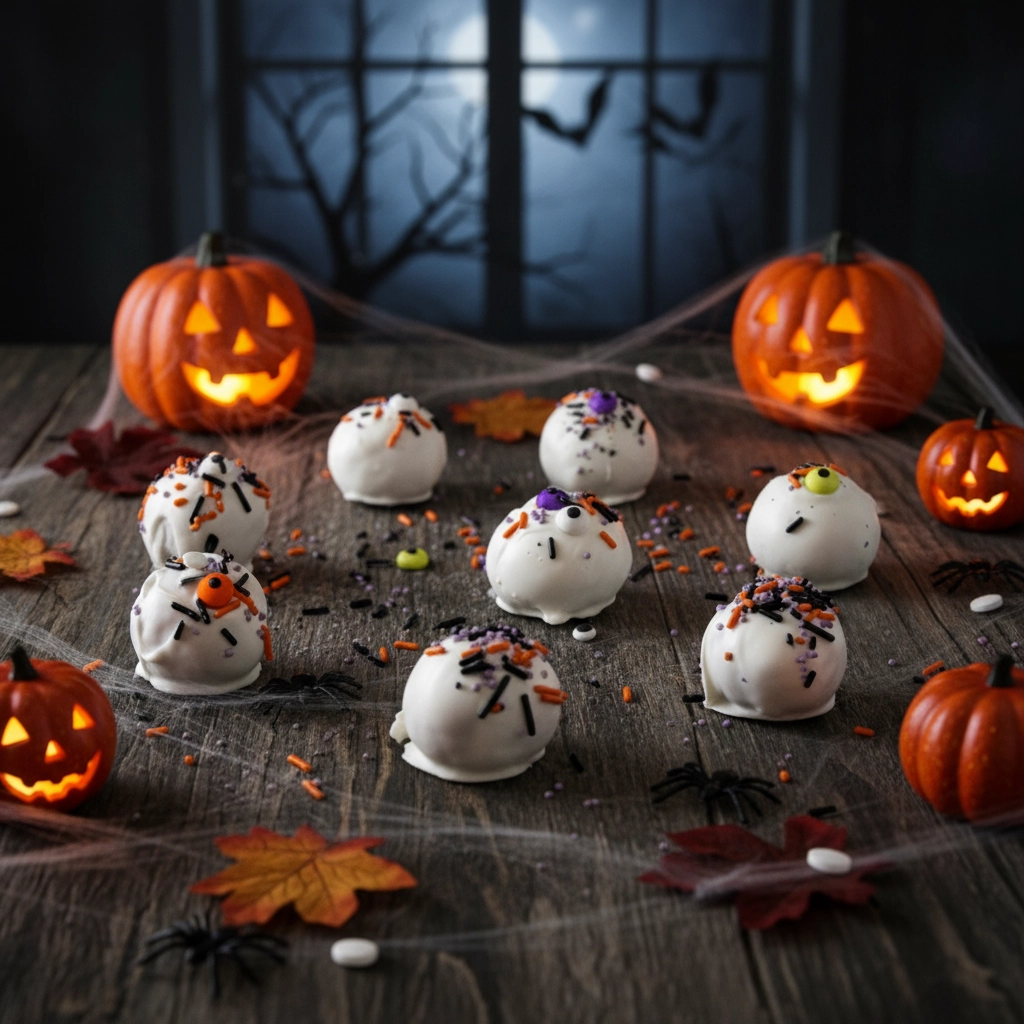 Halloween cake truffles on a dark wood background with colorful spooky sprinkles scattered around and jack-o-lanterns.