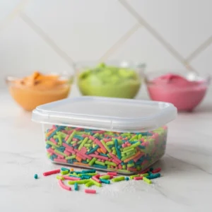 Colorful homemade sprinkles stored in a small plastic container with extra sprinkles scattered on the counter