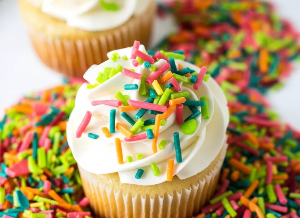 Vanilla cupcake decorated with bright, DIY homemade sprinkles scattered around.