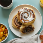 Easy Cinnamon Roll Pancakes served with breakfast potatoes, bacon, coffee, and orange juice.