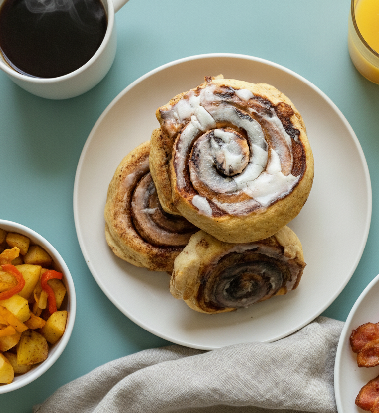 Easy Cinnamon Roll Pancakes served with breakfast potatoes, bacon, coffee, and orange juice.