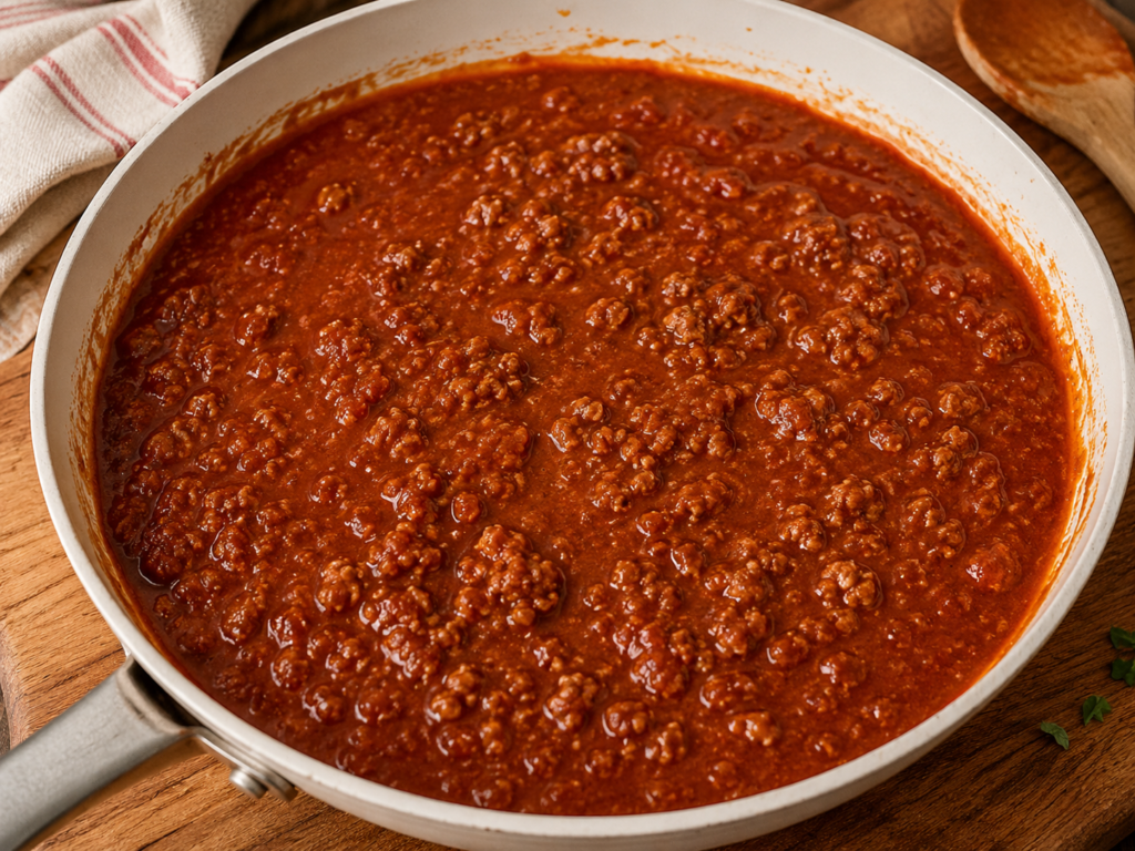 Pasta sauce and ground meat simmering in a large skillet for easy crock pot lasagna.