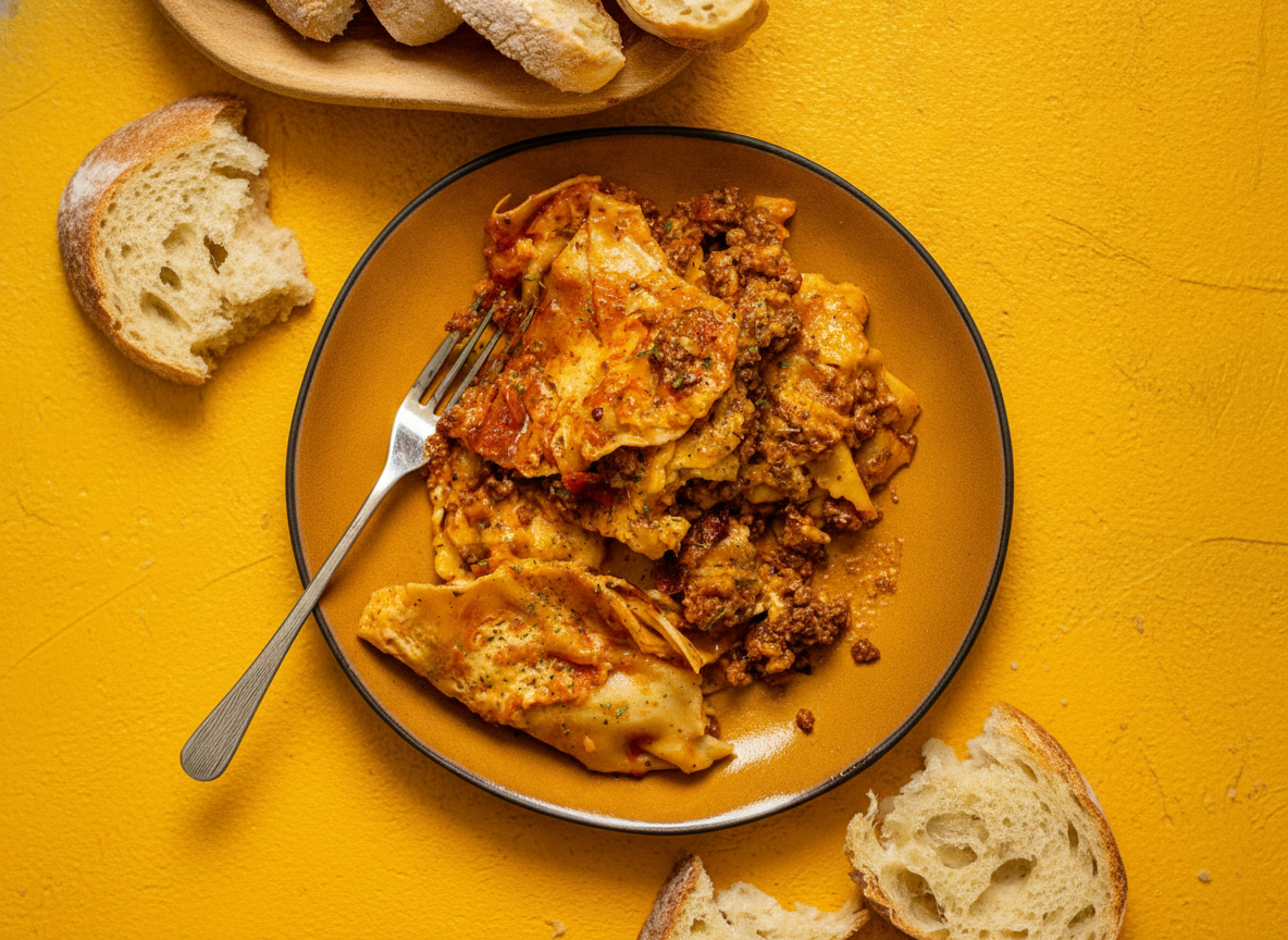 An overhead view of a bowl of crock pot lasagna made with frozen cheese ravioli, seasoned meat sauce, and melted cheese, served with slices of crusty bread.