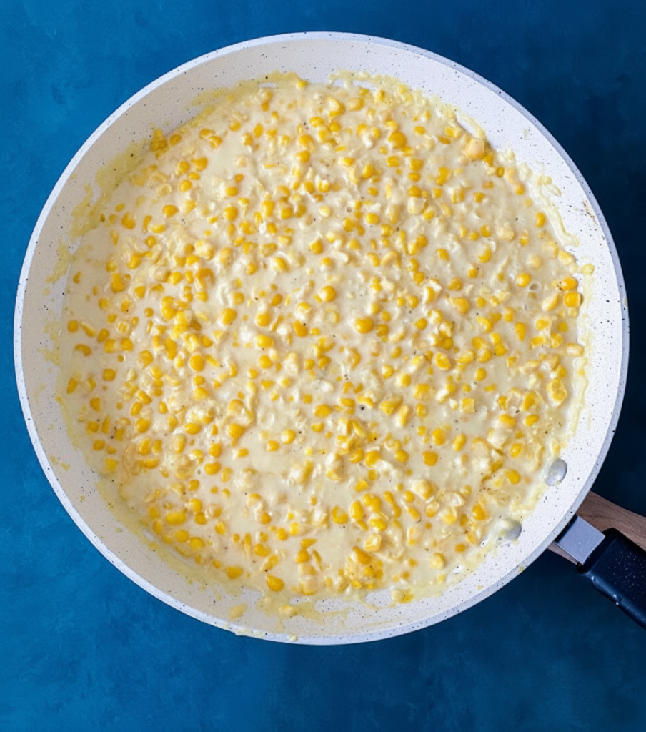 Creamed corn simmering in a skillet with a thick, creamy sauce coating the corn kernels.