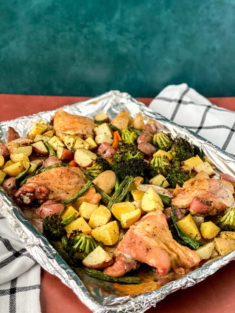 Sheet Pan Roasted Chicken and Vegetables at www.theaffordablefoodie.com