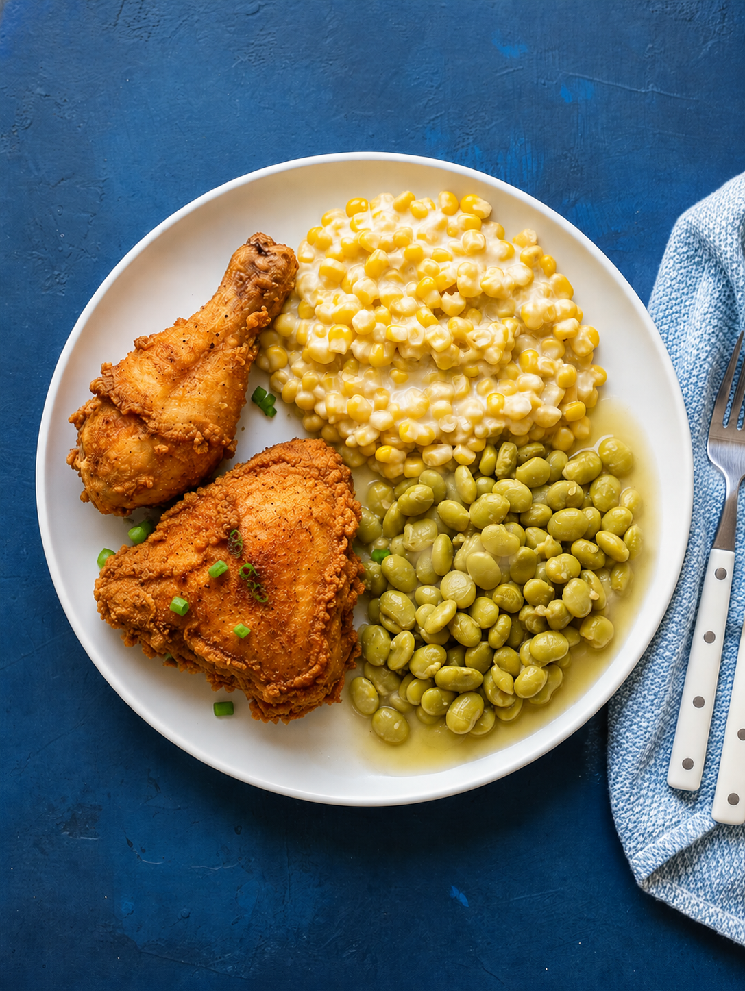 Dinner plate with buttermilk fried chicken, creamed corn, and baby lima beans on a blue background.