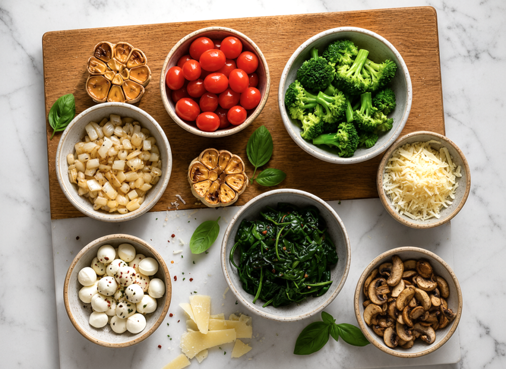 Overhead view of pasta charcuterie board toppings including steamed broccoli, sautéed spinach, roasted garlic, cherry tomatoes, mozzarella pearls, mushrooms, parmesan cheese, basil, and red pepper flakes arranged in ceramic bowls on a wooden board and marble surface.