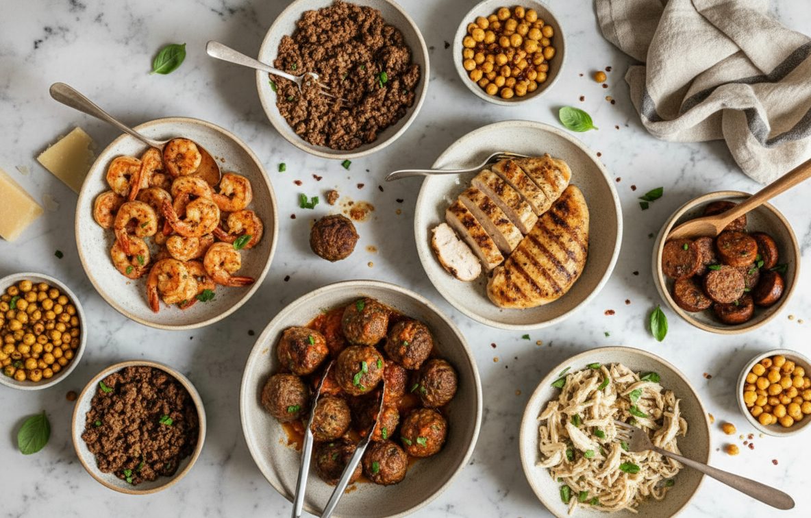 Overhead food photography of protein options for a pasta charcuterie board including sliced grilled chicken breast, meatballs in marinara sauce, sautéed shrimp, seasoned ground beef, shredded chicken, and smoked sausage arranged in ceramic bowls on a marble background.