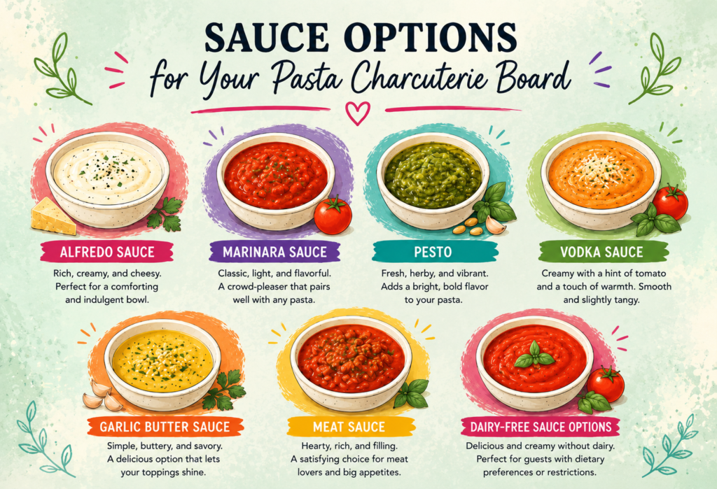 Illustrated infographic showing sauce options for a pasta charcuterie board including Alfredo sauce, marinara sauce, pesto, vodka sauce, garlic butter sauce, meat sauce, and dairy-free pasta sauce options.