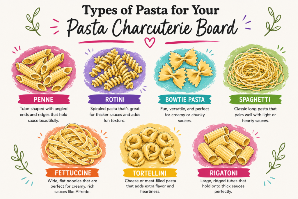 Illustrated infographic showing different pasta types for a pasta charcuterie board including penne, rotini, bowtie pasta, spaghetti, fettuccine, tortellini, and rigatoni.