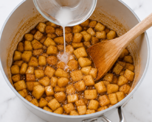 Cornstarch slurry being poured into simmering cinnamon apples in a saucepan to thicken caramel apple Danish filling.