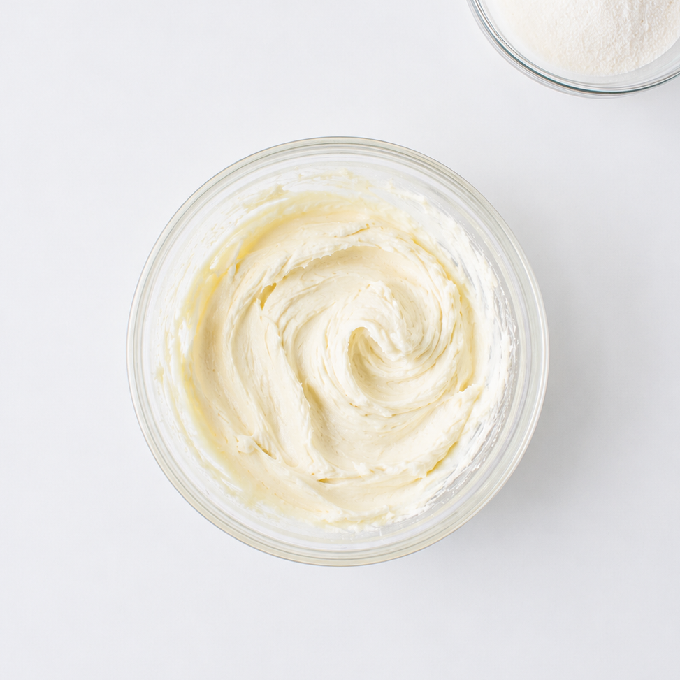 Cream cheese and sugar mixed until smooth and creamy in a glass bowl for caramel apple Danish filling.