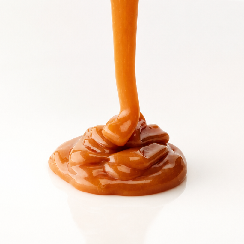 Thick homemade caramel sauce pouring from a white bowl onto a white surface.