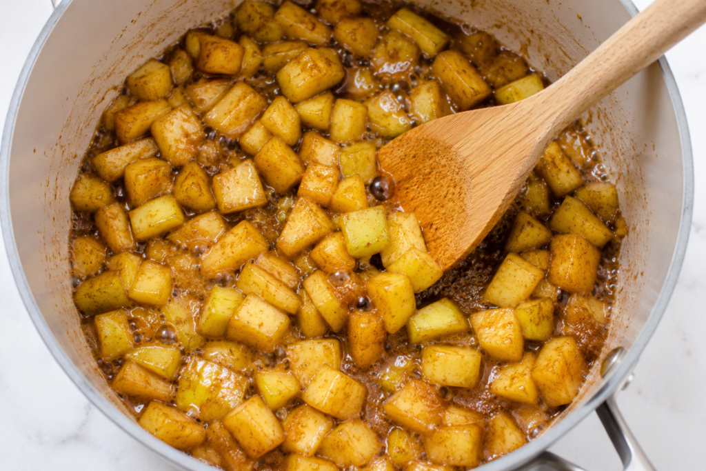 Diced apples cooking in a saucepan with brown sugar, butter, and apple pie spice for homemade caramel apple Danish filling.