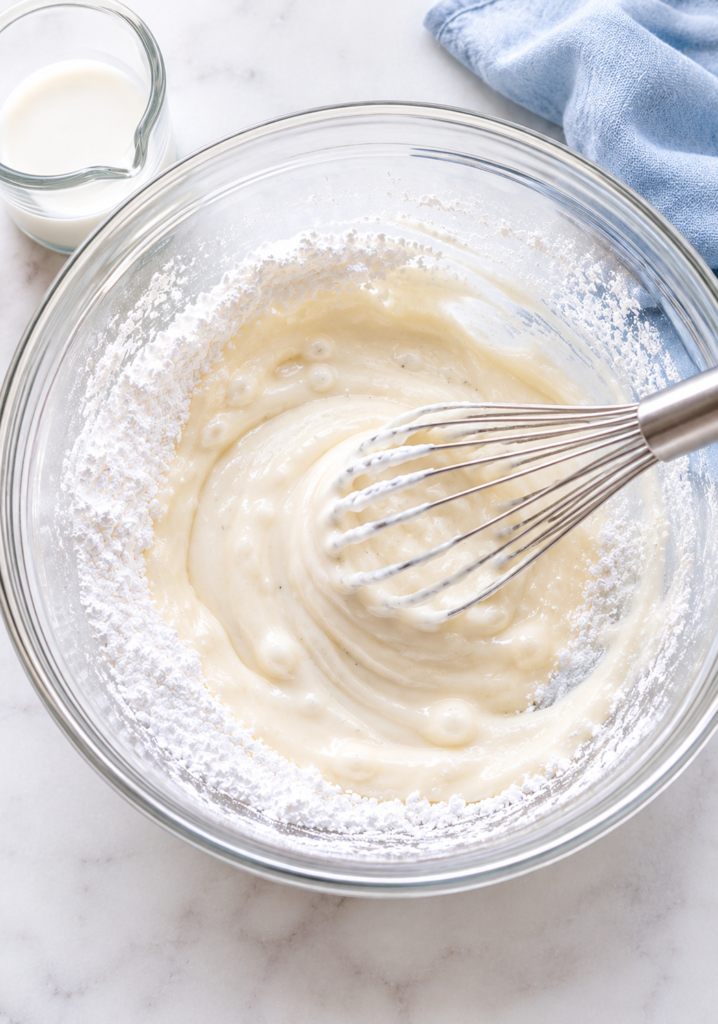 Vanilla icing being whisked in a glass bowl with powdered sugar and milk on a light marble surface.