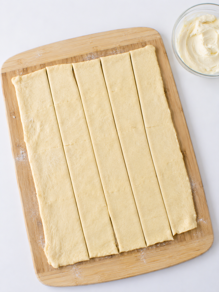 Crescent sheet dough sliced into rectangles on a cutting board for easy caramel apple Danish pastries.