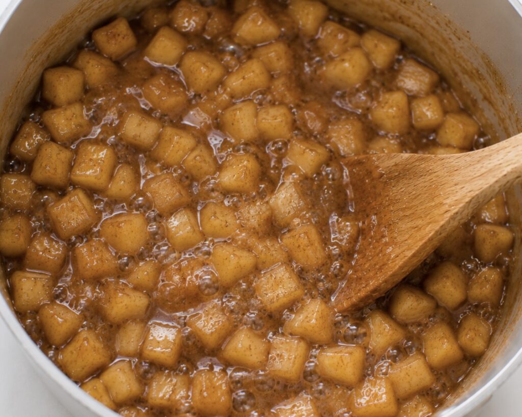 Homemade apple filling simmering in a saucepan with cinnamon, brown sugar, and diced apples for caramel apple Danish pastries.
