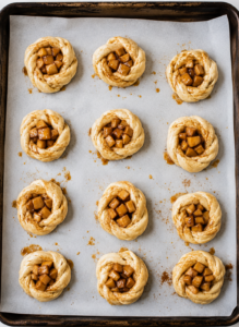 Unbaked caramel apple Danish pastries with homemade apple filling arranged on a parchment-lined baking sheet.