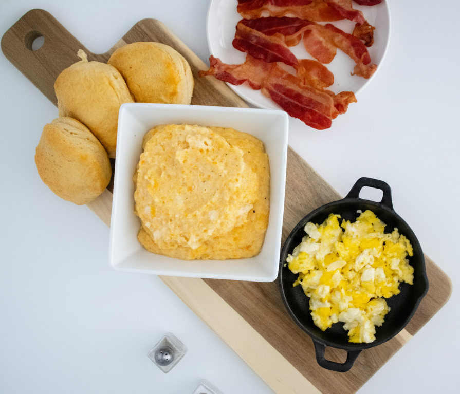 Sweet potato grits served with scrambled eggs, bacon, and biscuits
