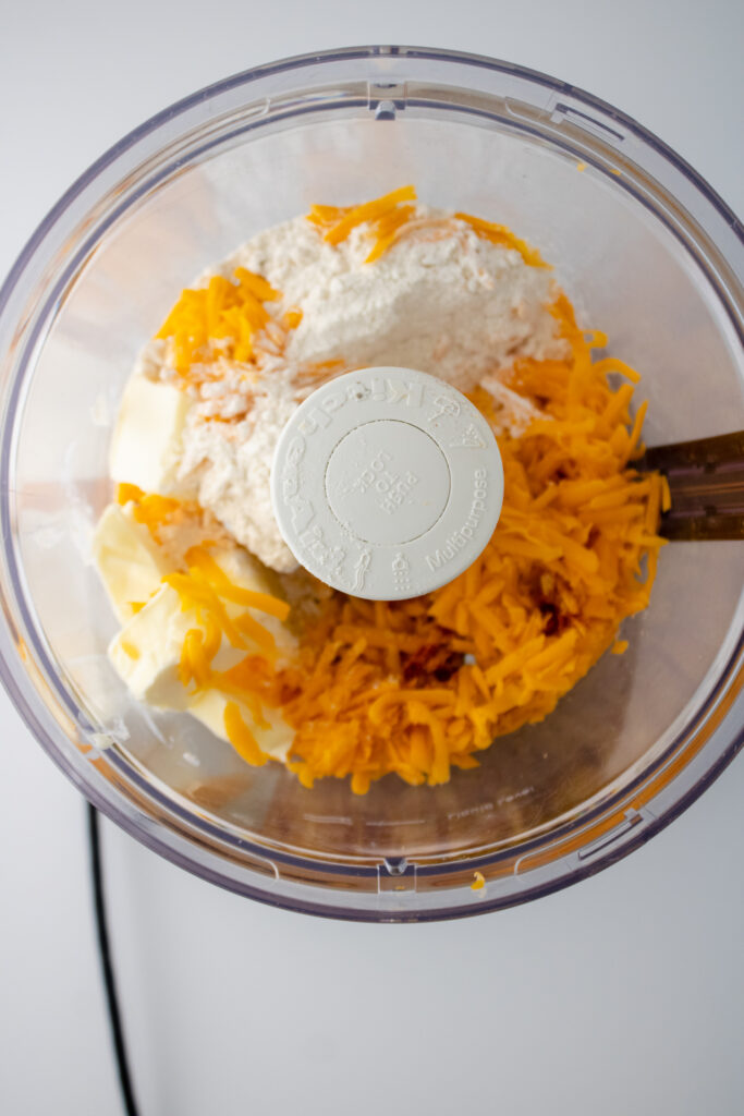 ingredients in a food processor for goldfish crackers