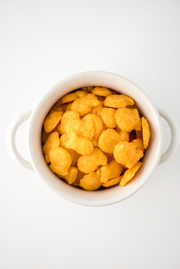 goldfish crackers in a white bowl
