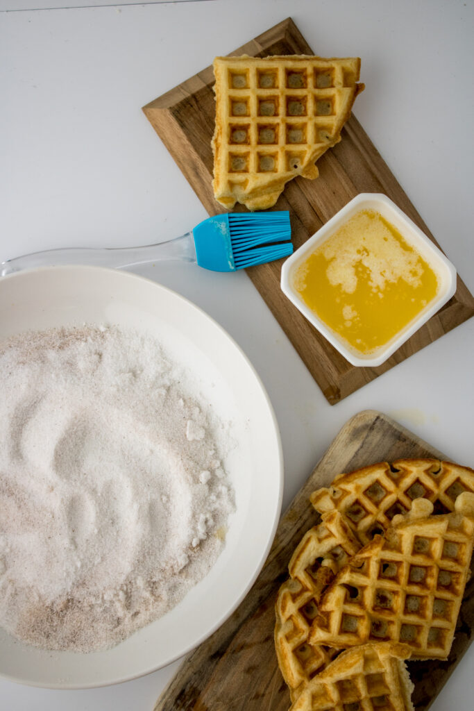 cinnamon sugar, melted butter and churro waffles