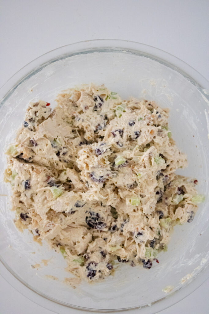 chicken salad in a clear bowl