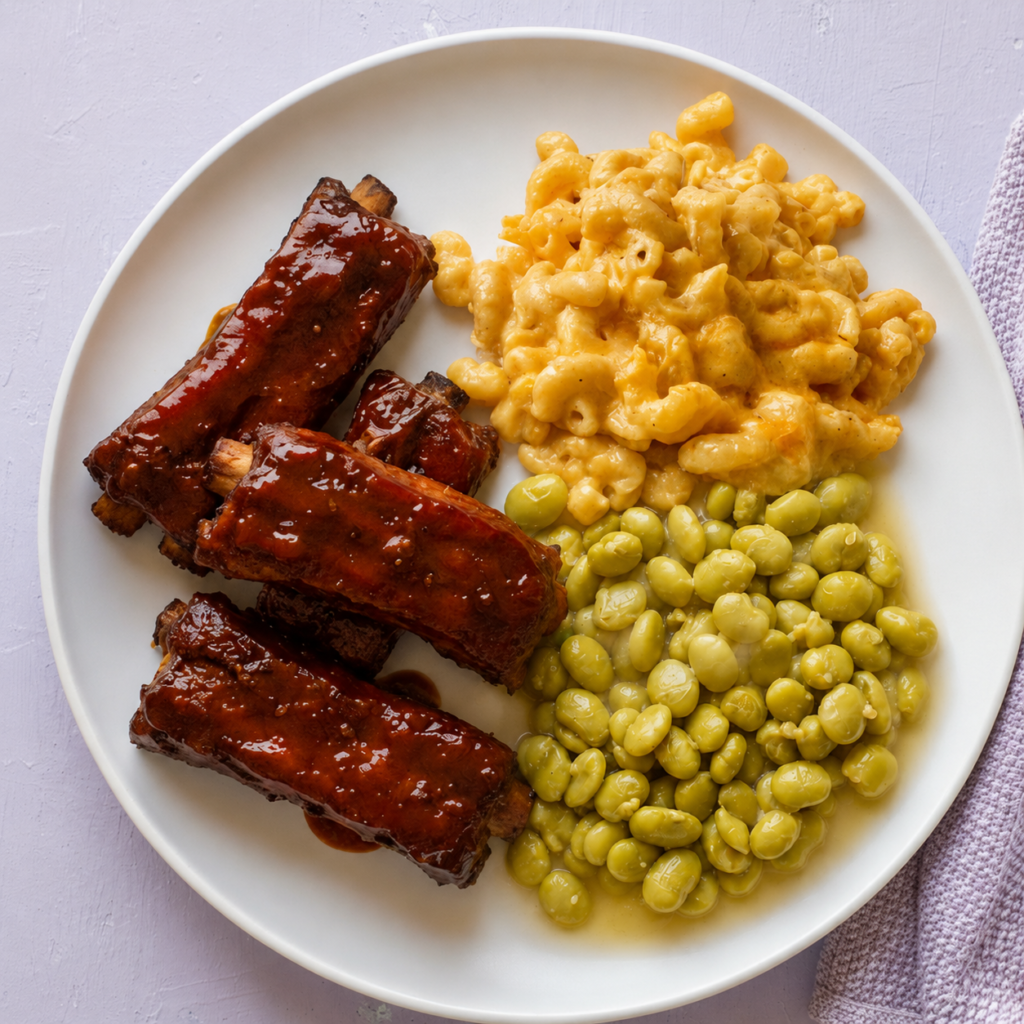 Plate of air fryer baby back ribs glazed with barbecue sauce, served with creamy macaroni and cheese and lima beans in savory broth on a light purple background.