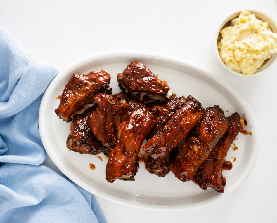 Air fryer baby back ribs coated in barbecue sauce and served on a white platter with a side of mashed potatoes.