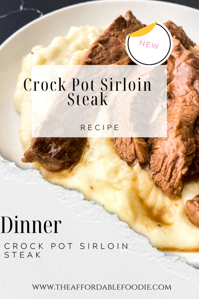 Crock Pot Sirloin Steak on a bed of mashed potatoes and gravy