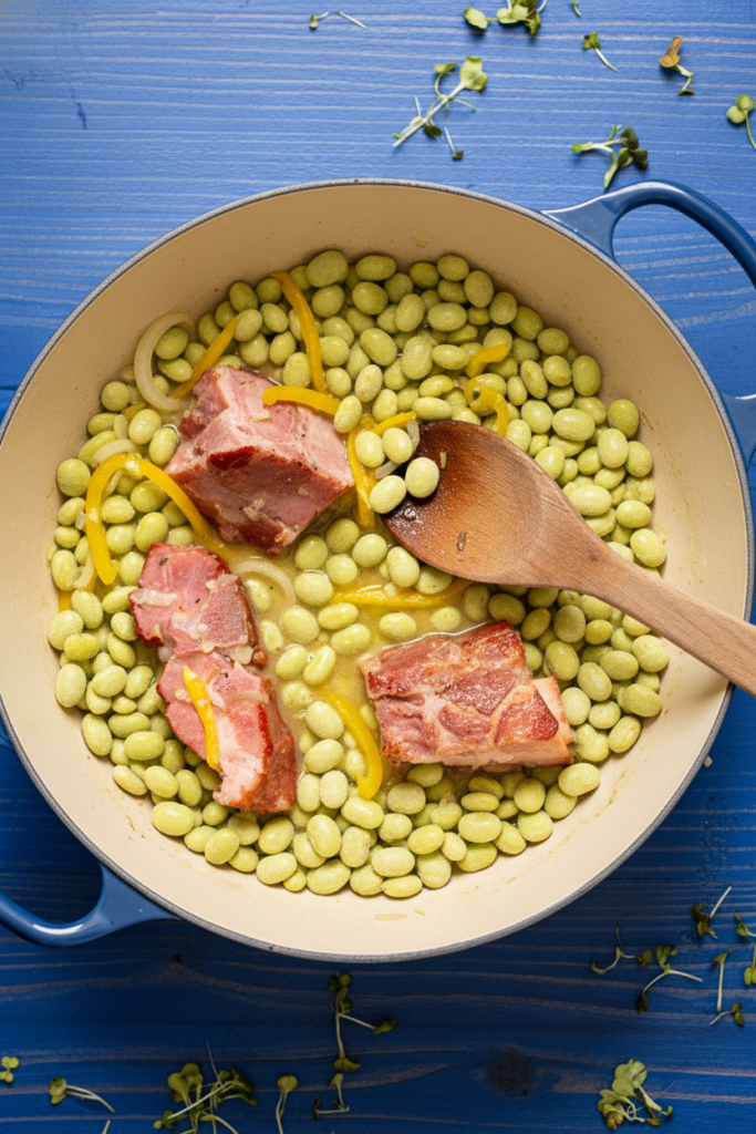 Baby lima beans simmering in broth with ham bone, onions, and yellow bell peppers inside a Dutch oven.