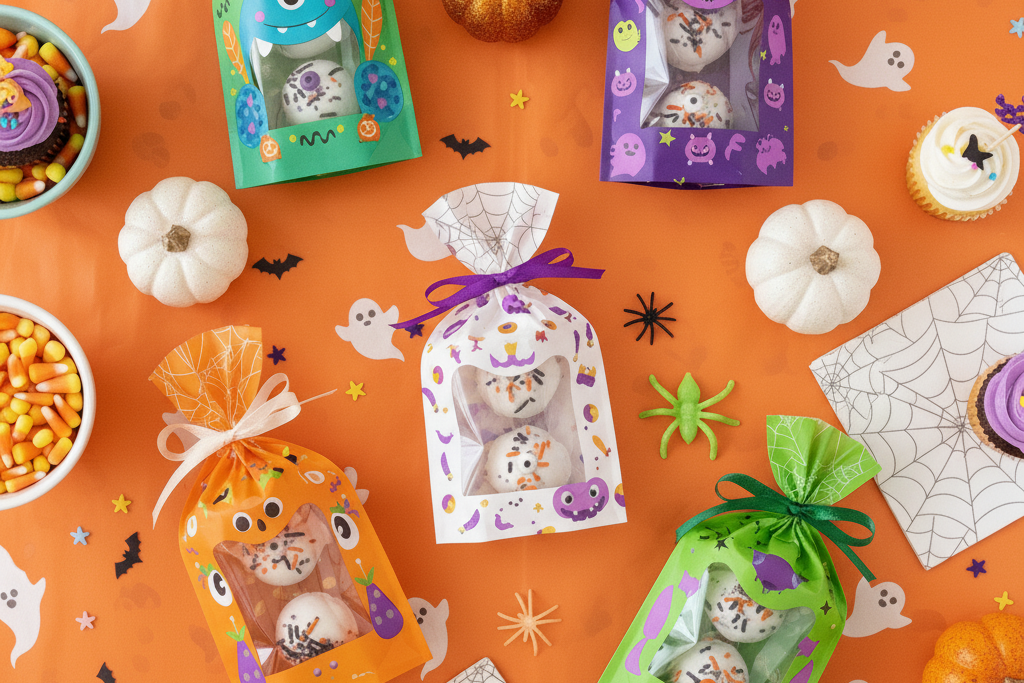 Halloween goodie bags filled with decorated cake truffles on a bright orange surface with themed Halloween decorations and sweet treats scattered around.