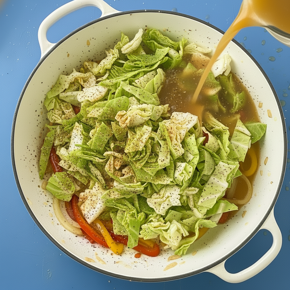 Chicken broth being poured into a skillet filled with seasoned cabbage, onions, and bell peppers for a fried cabbage and sausage recipe.