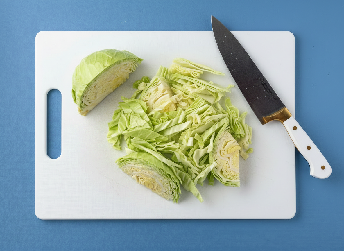 Chopped green cabbage on a white cutting board with a chef’s knife, showing medium-sized cabbage pieces ready for cooking.