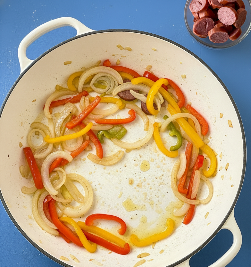 Red and yellow bell peppers and sliced onions sautéing in a white skillet with smoked turkey sausage slices in a bowl nearby.