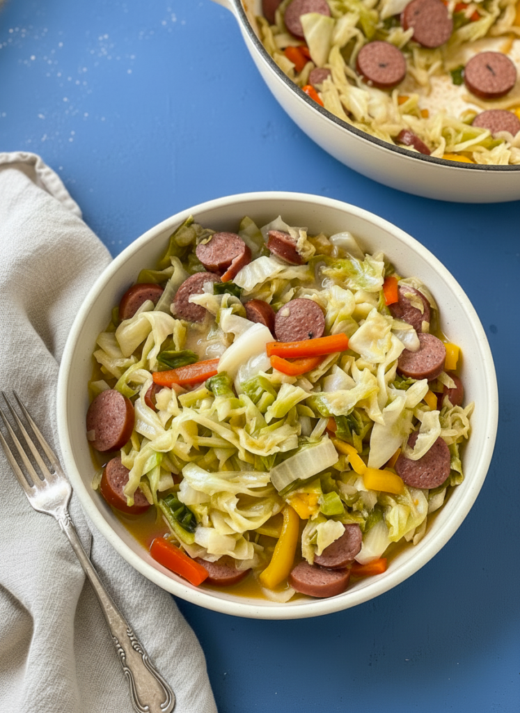 Bowl of Southern-style cabbage and smoked turkey sausage with onions, bell peppers, and flavorful pot likker.