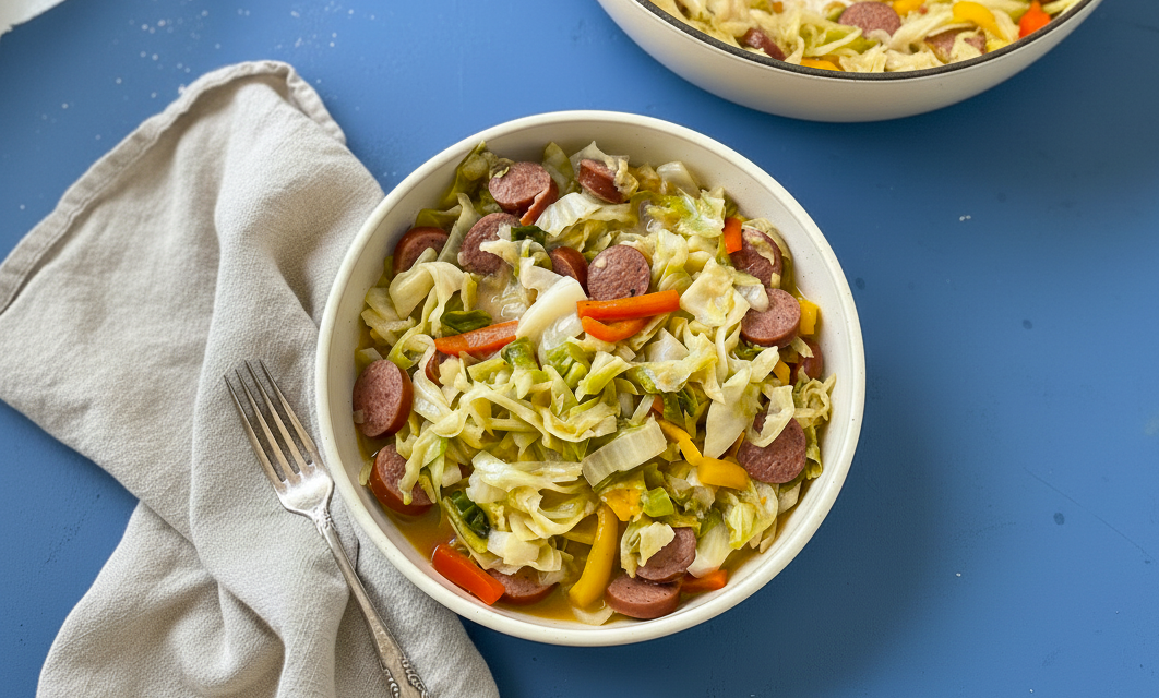 Bowl of Southern-style cabbage and smoked turkey sausage with onions, bell peppers, and flavorful pot likker.