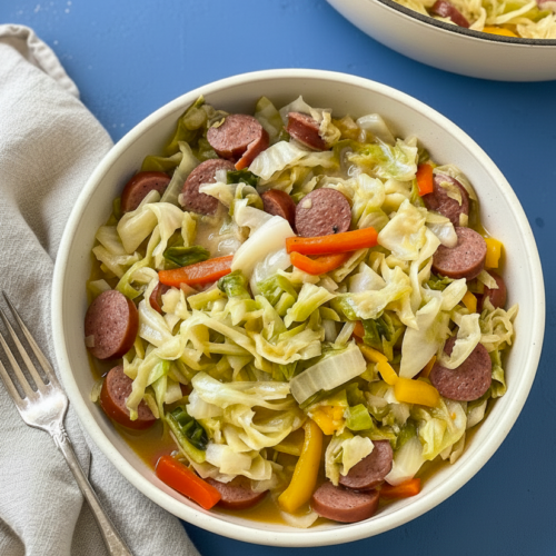 Bowl of Southern-style cabbage and smoked turkey sausage with onions, bell peppers, and flavorful pot likker.