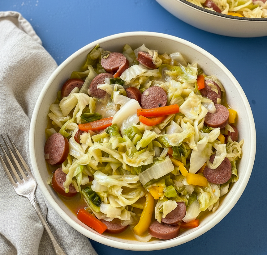 Bowl of Southern-style cabbage and smoked turkey sausage with onions, bell peppers, and flavorful pot likker.