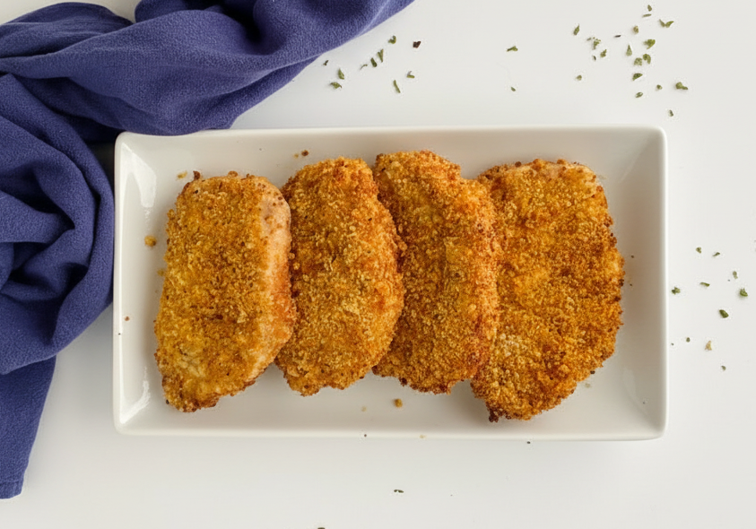 Crispy breaded air fryer pork chops arranged on a white platter.
