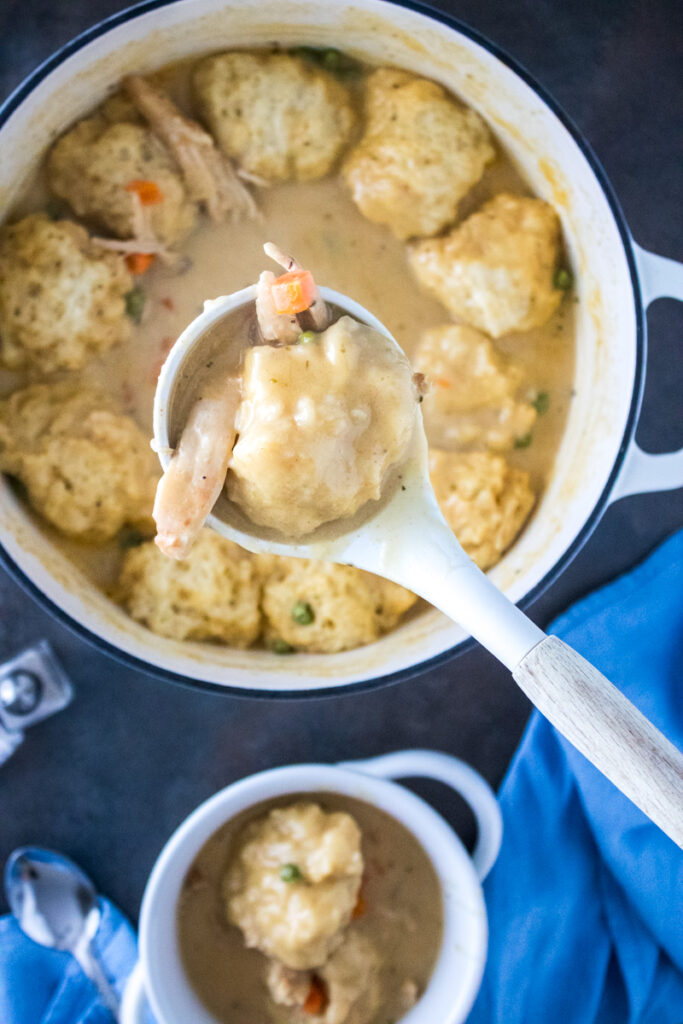 A spoonful of creamy chicken and dumplings with tender chicken, fluffy biscuit dumplings, and vegetables.