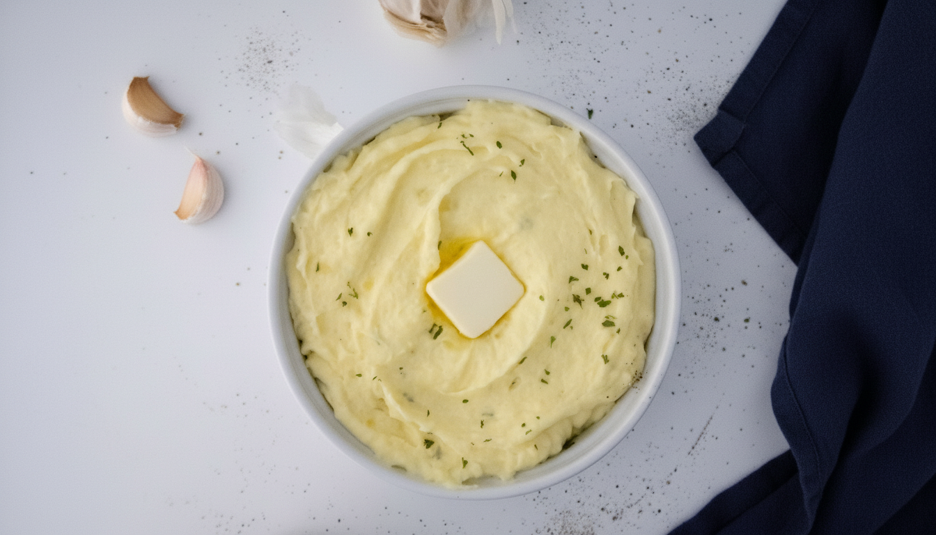 Creamy garlic mashed potatoes topped with butter and parsley in a white serving bowl.