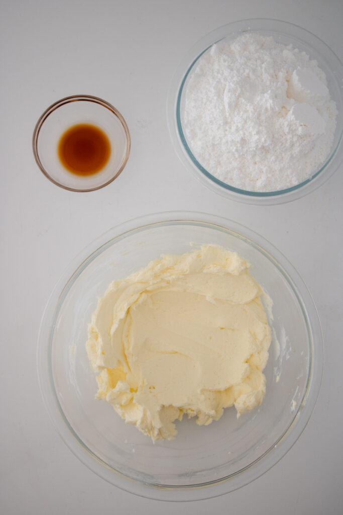 Cream cheese and butter beaten together for homemade cream cheese frosting.